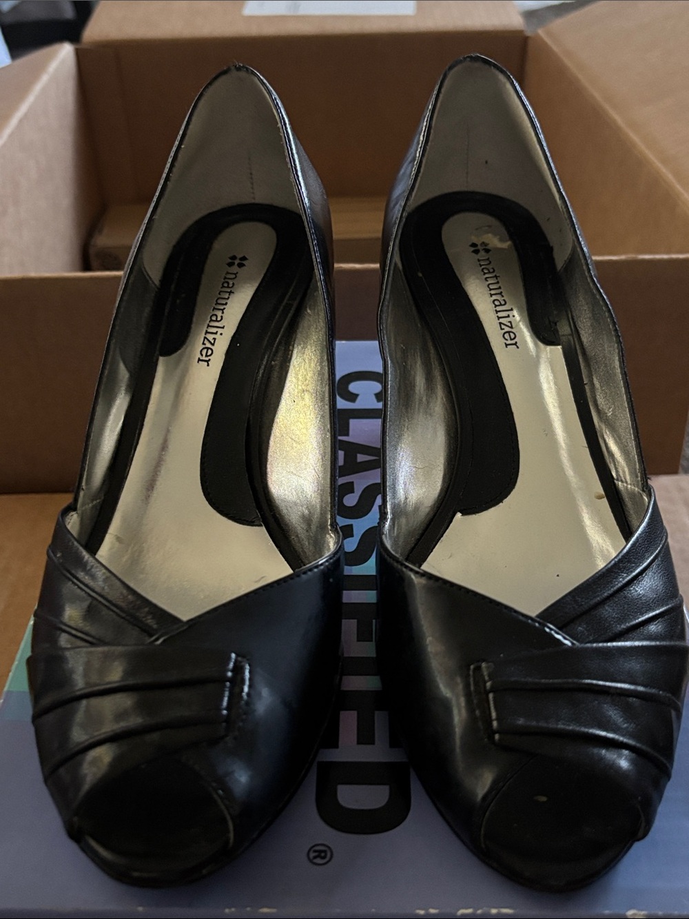 Naturalizer Black Leather Peep-Toe Heels